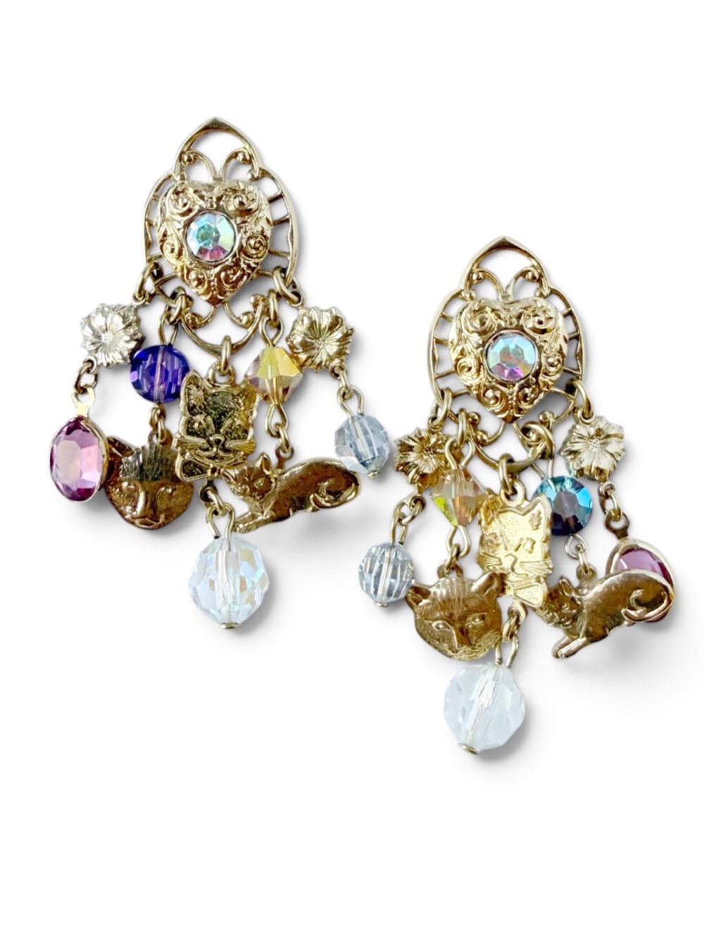 Vintage Kirks Folly AB Purple Pink Crystal Cat Kittens Dangle Earrings Goldtone